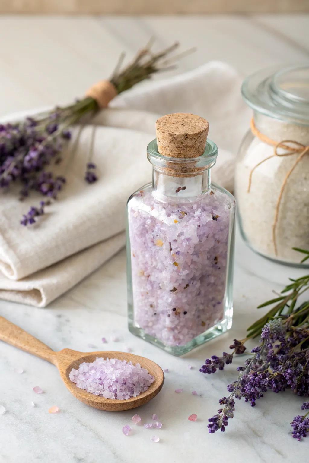 Crafted with care: Lavender bath salts in a minimalist glass bottle, the perfect self-care gift.