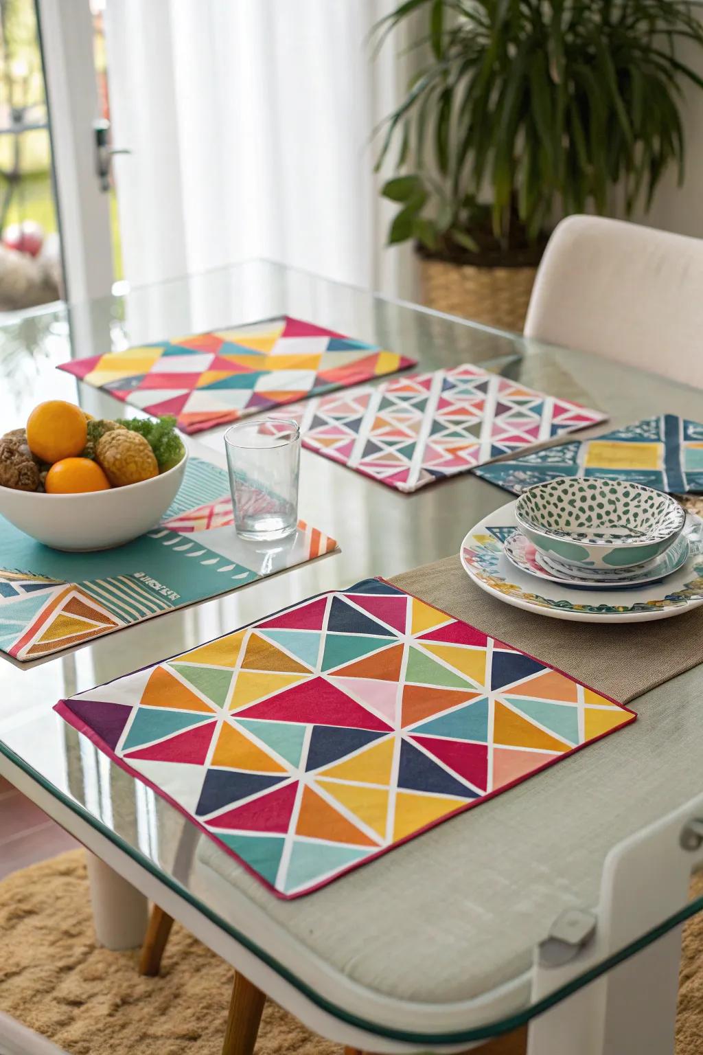 Colorful placemats adding personality to a glass dining table.