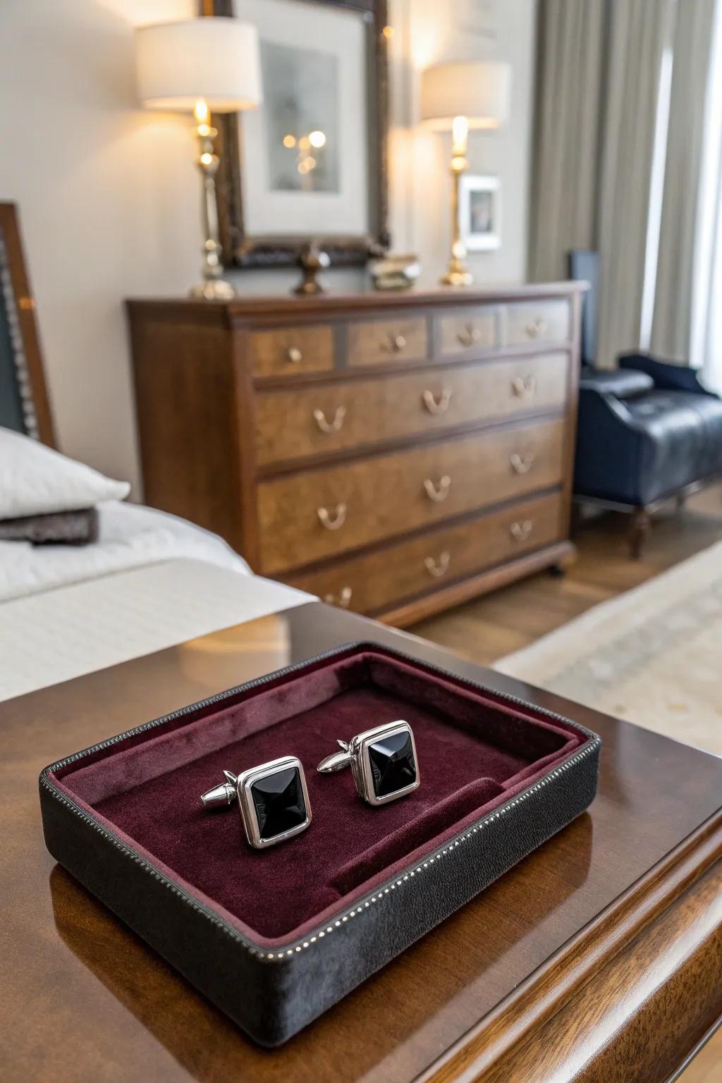 Stylish cufflinks add elegance to any outfit.