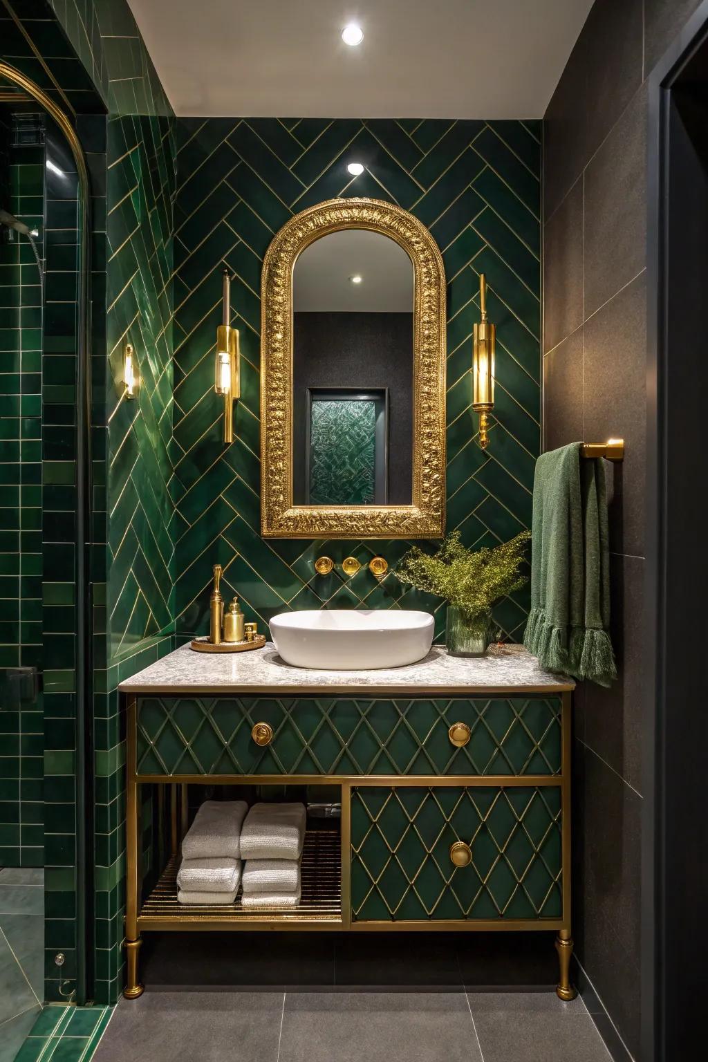 A sophisticated dark green and gold bathroom.