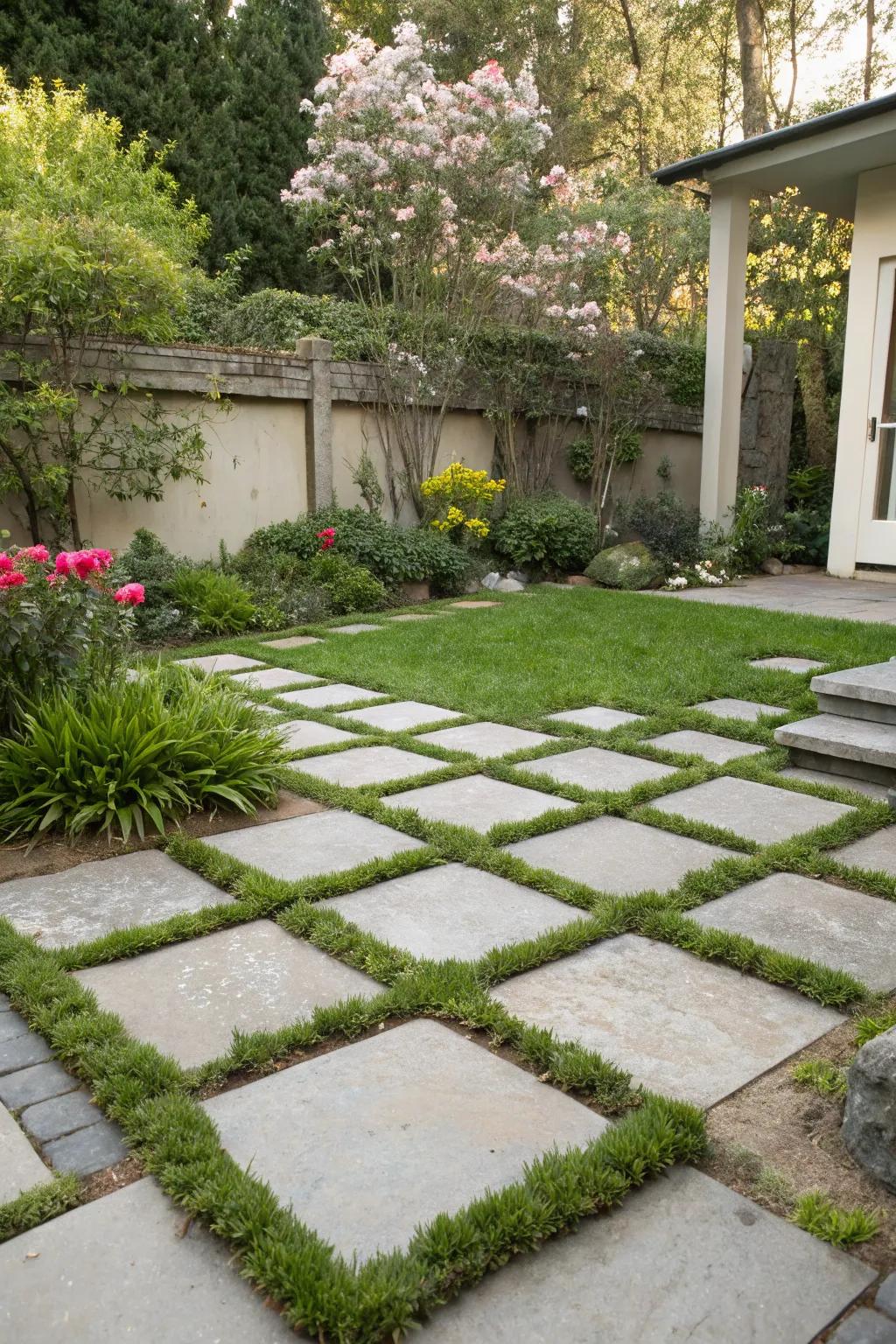 Granite tiles interspersed with grass for a checkerboard effect.