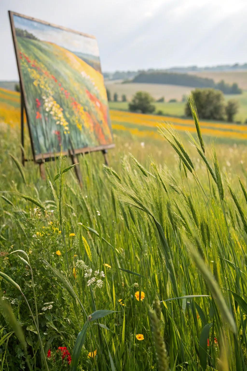 Broken color technique adds lively detail to grass paintings.