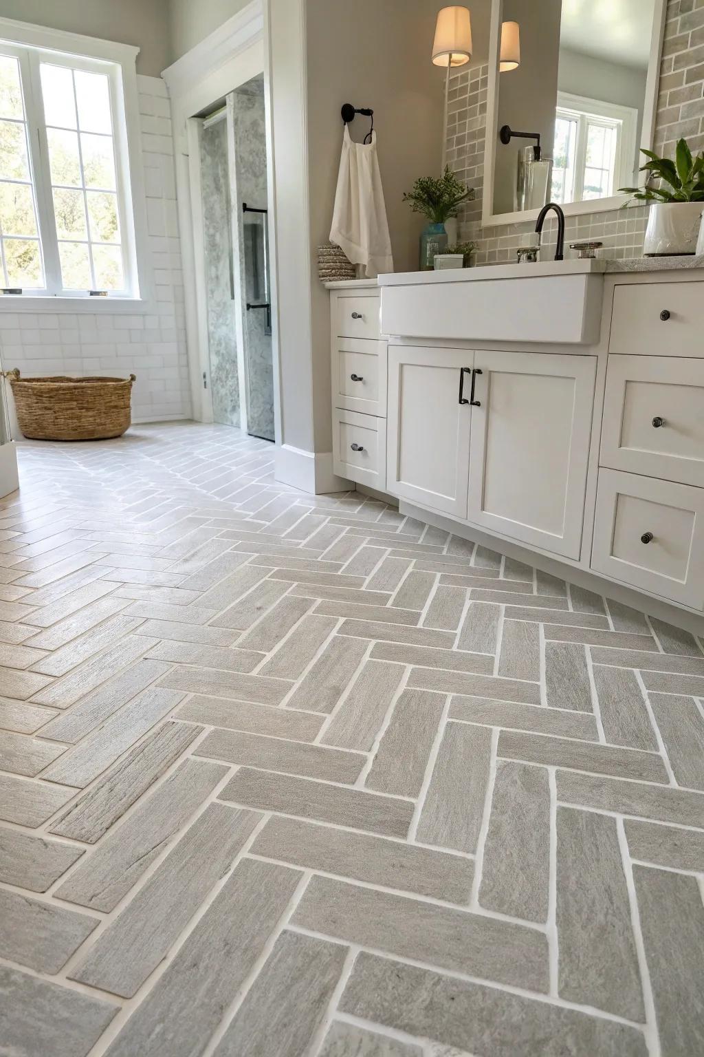 Herringbone patterns keep the room light and airy.