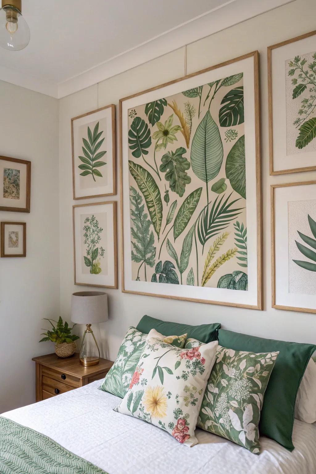 Botanical prints add a natural touch, harmonizing with the green and tan palette.