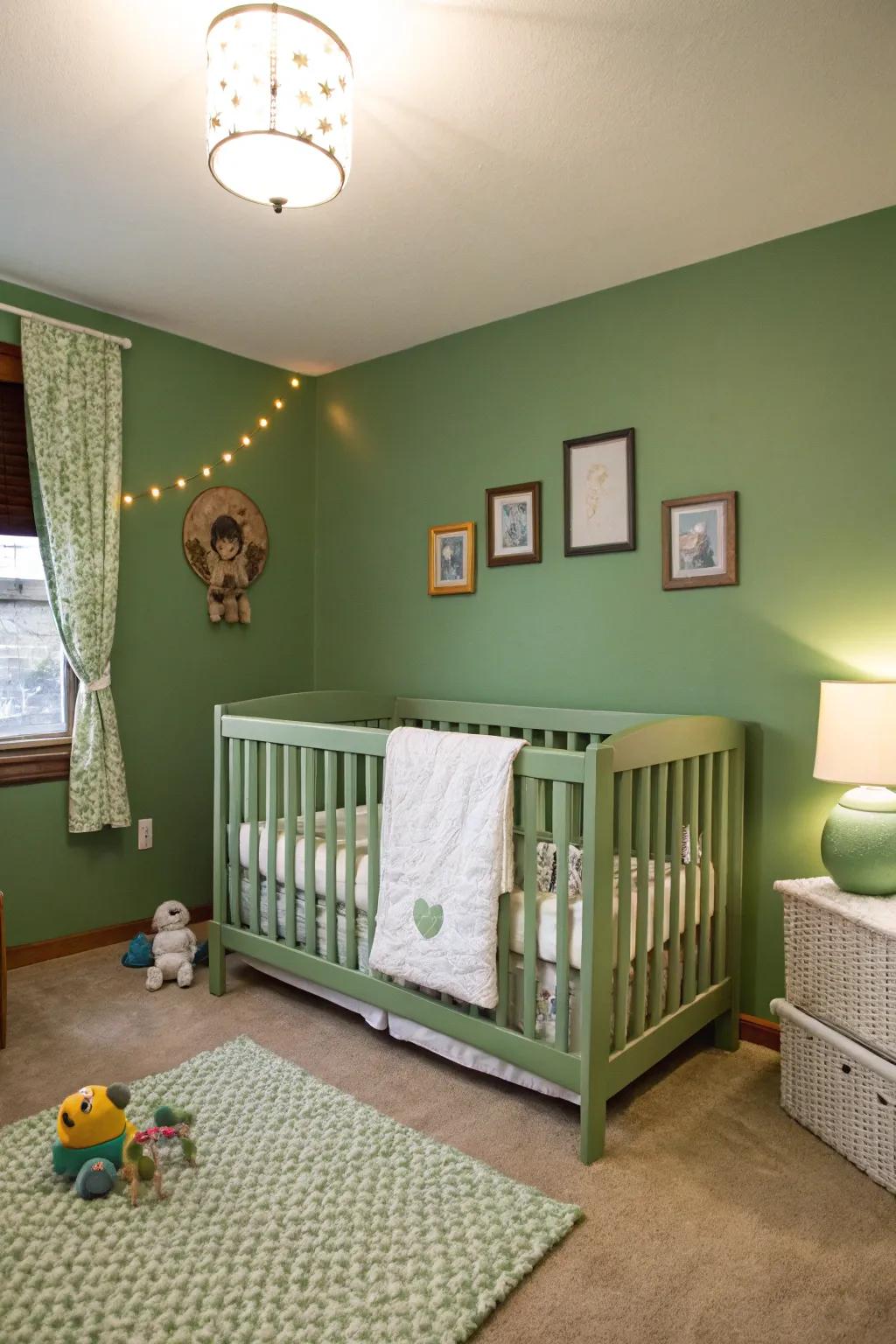 A cohesive green nursery with solid walls and a matching crib.