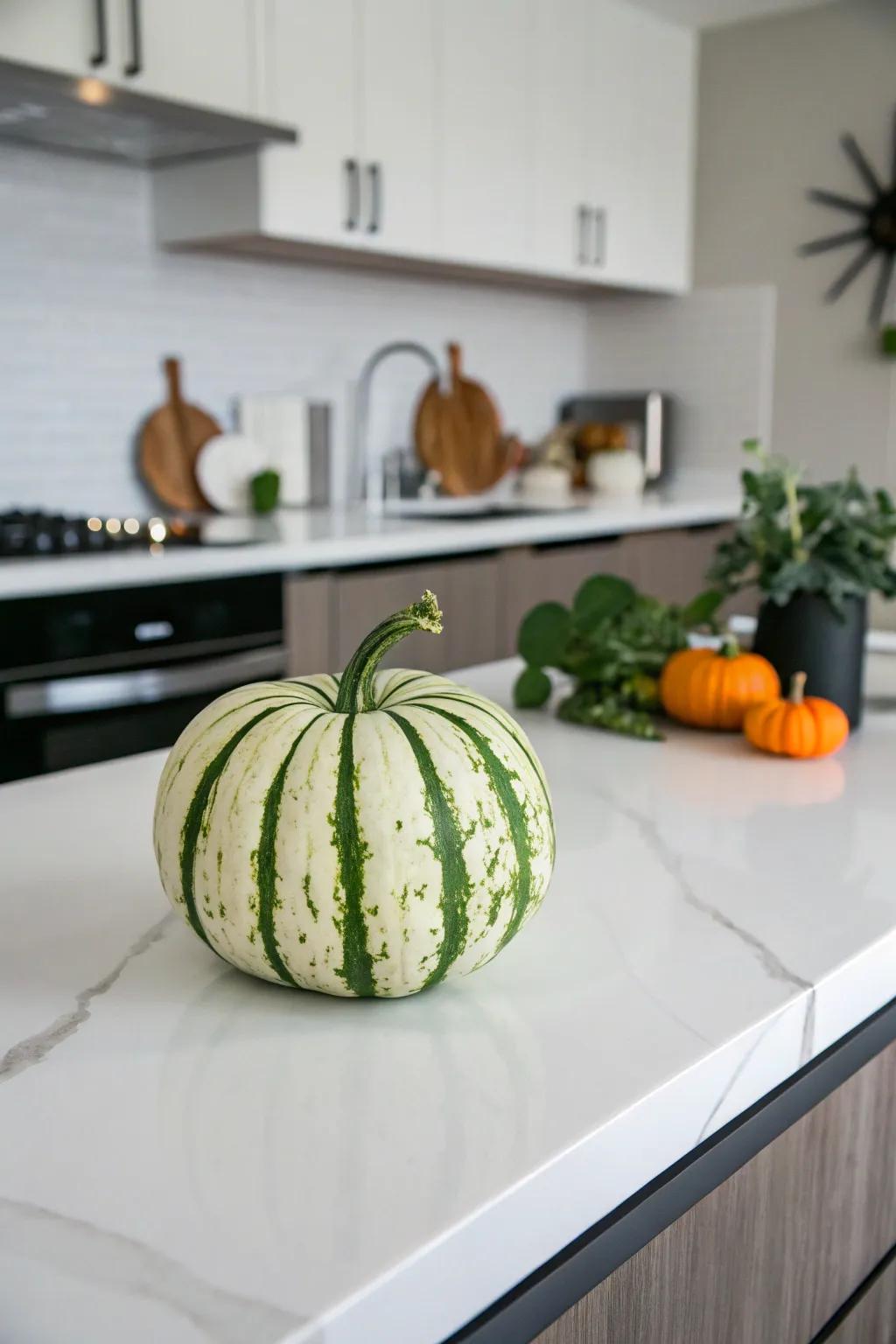 Chic green and white striped pumpkin adding elegance to the kitchen.