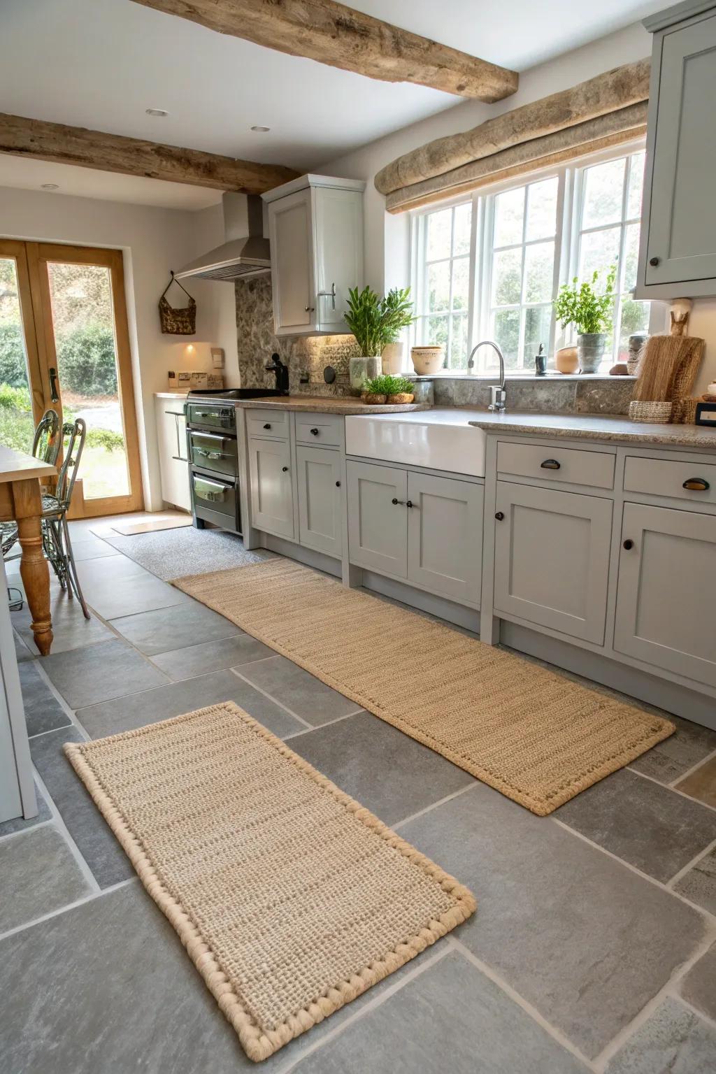 Grey floors and beige rugs add warmth to the kitchen space.