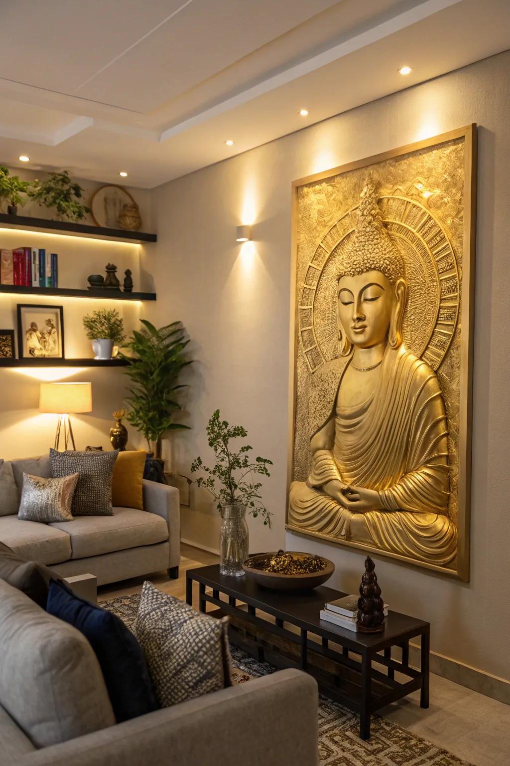 A living room elevated by a striking gold artwork.