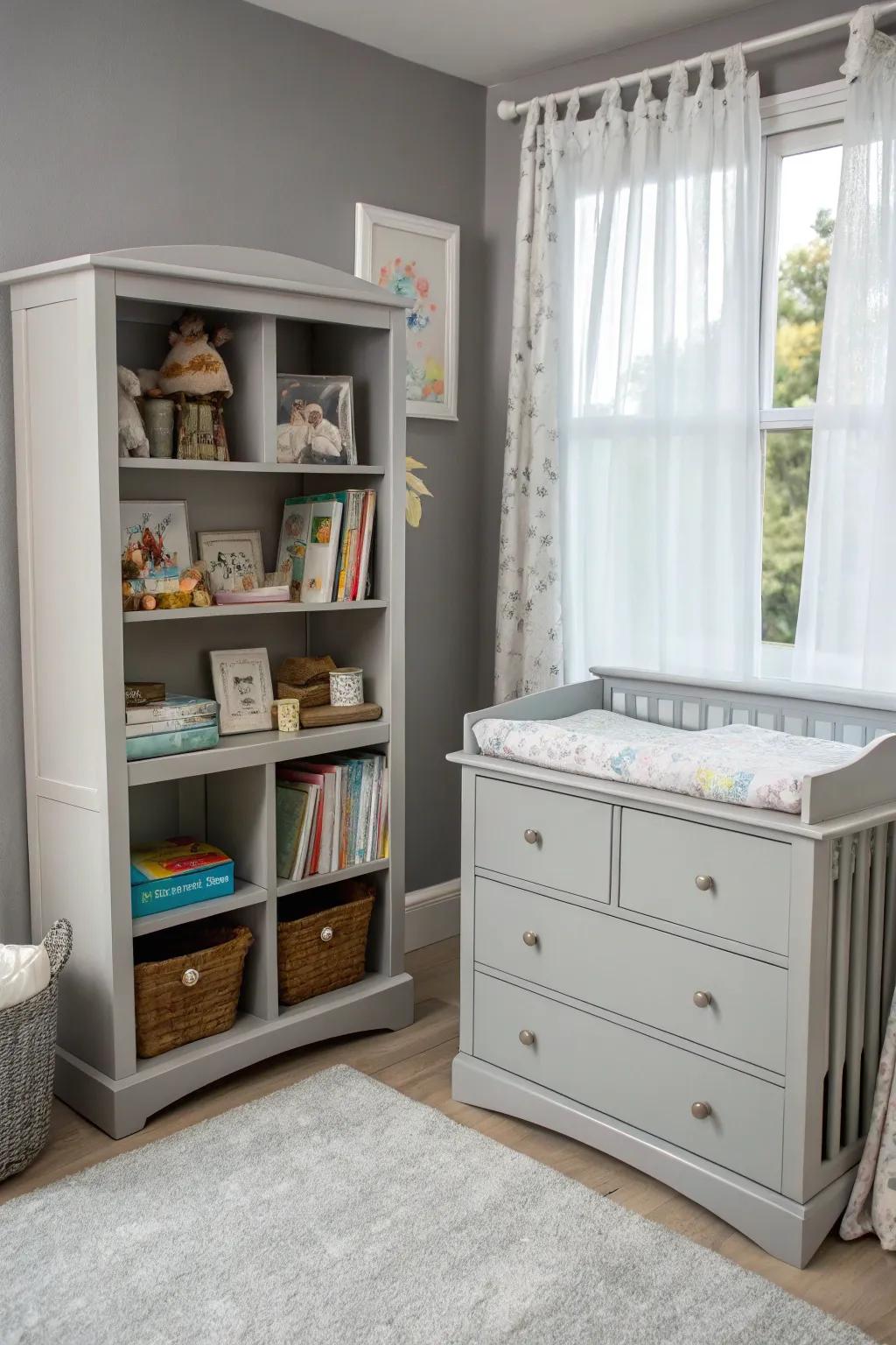 A grey nursery featuring multifunctional, convertible furniture.