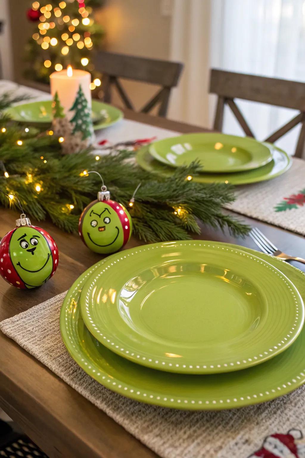 Bright green charger plates enhancing the festive Grinch table setting.