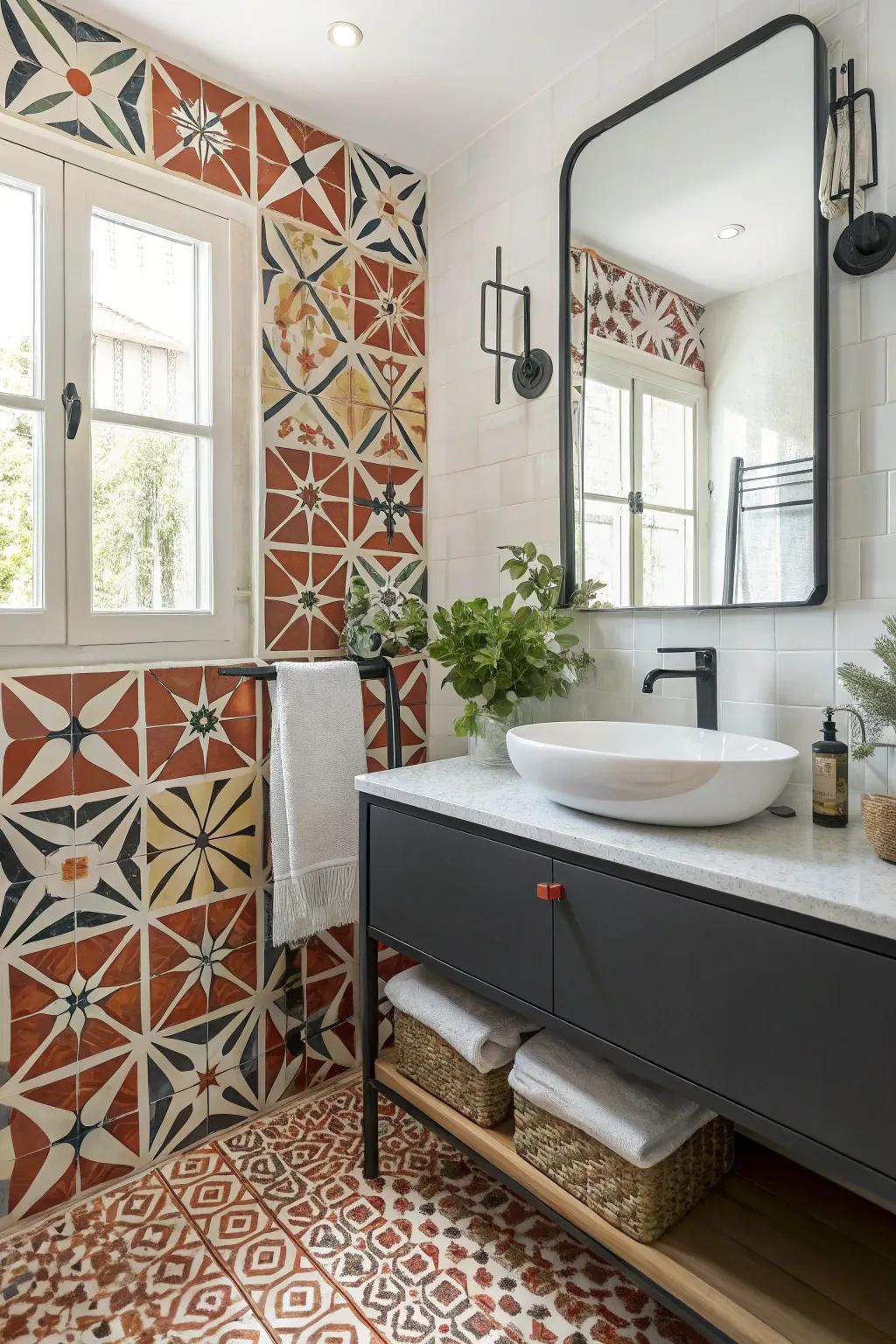 Bold patterns bring character to this guest bathroom.