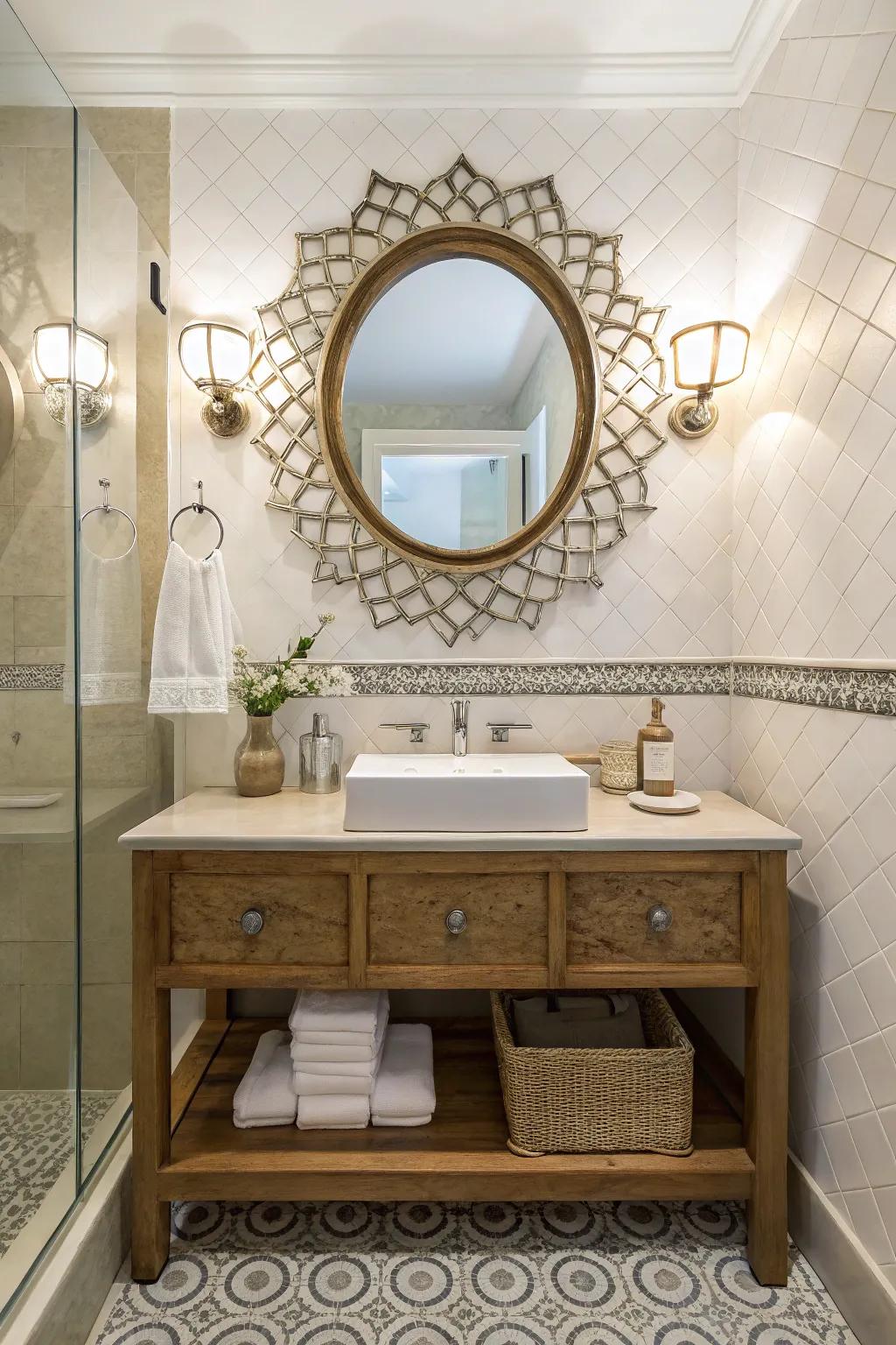 A statement mirror adds character and style to this guest toilet.