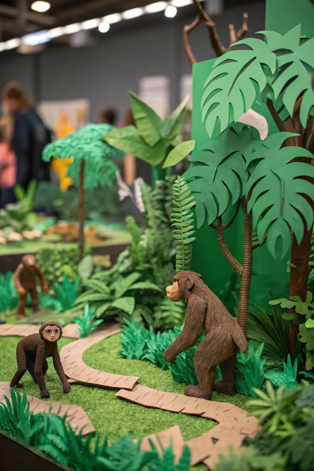 A lively jungle habitat diorama bursting with color and wildlife.