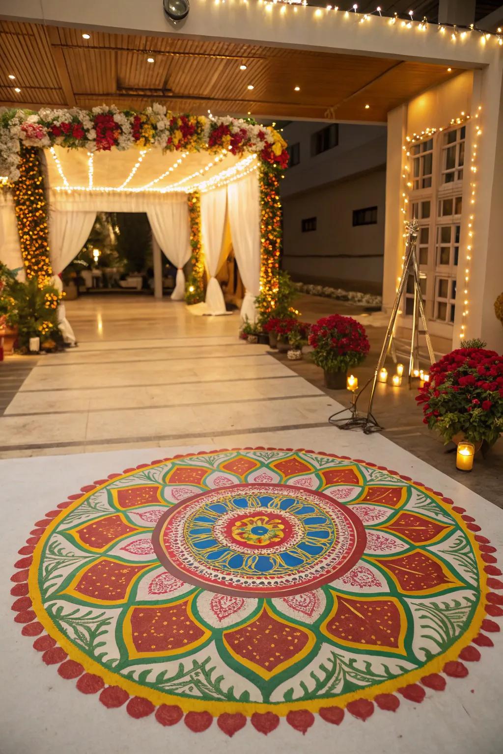 A vibrant rangoli design welcoming guests to the half saree function.