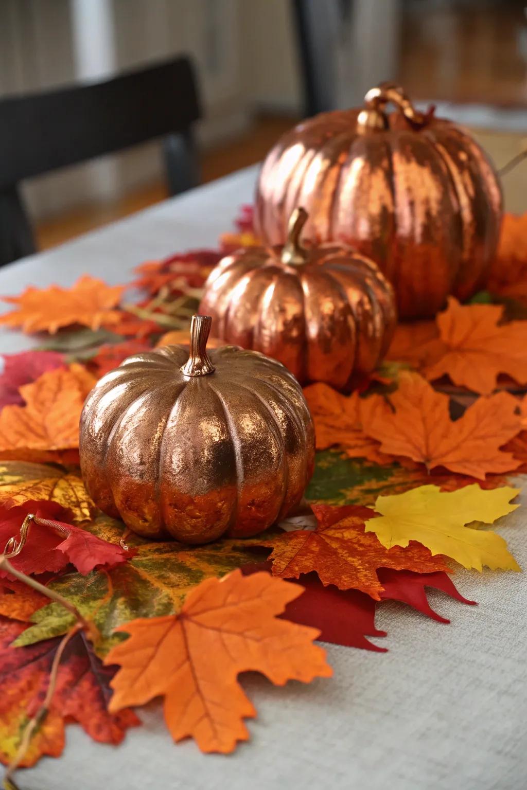 A chic and elegant display of copper-leaf pumpkins.