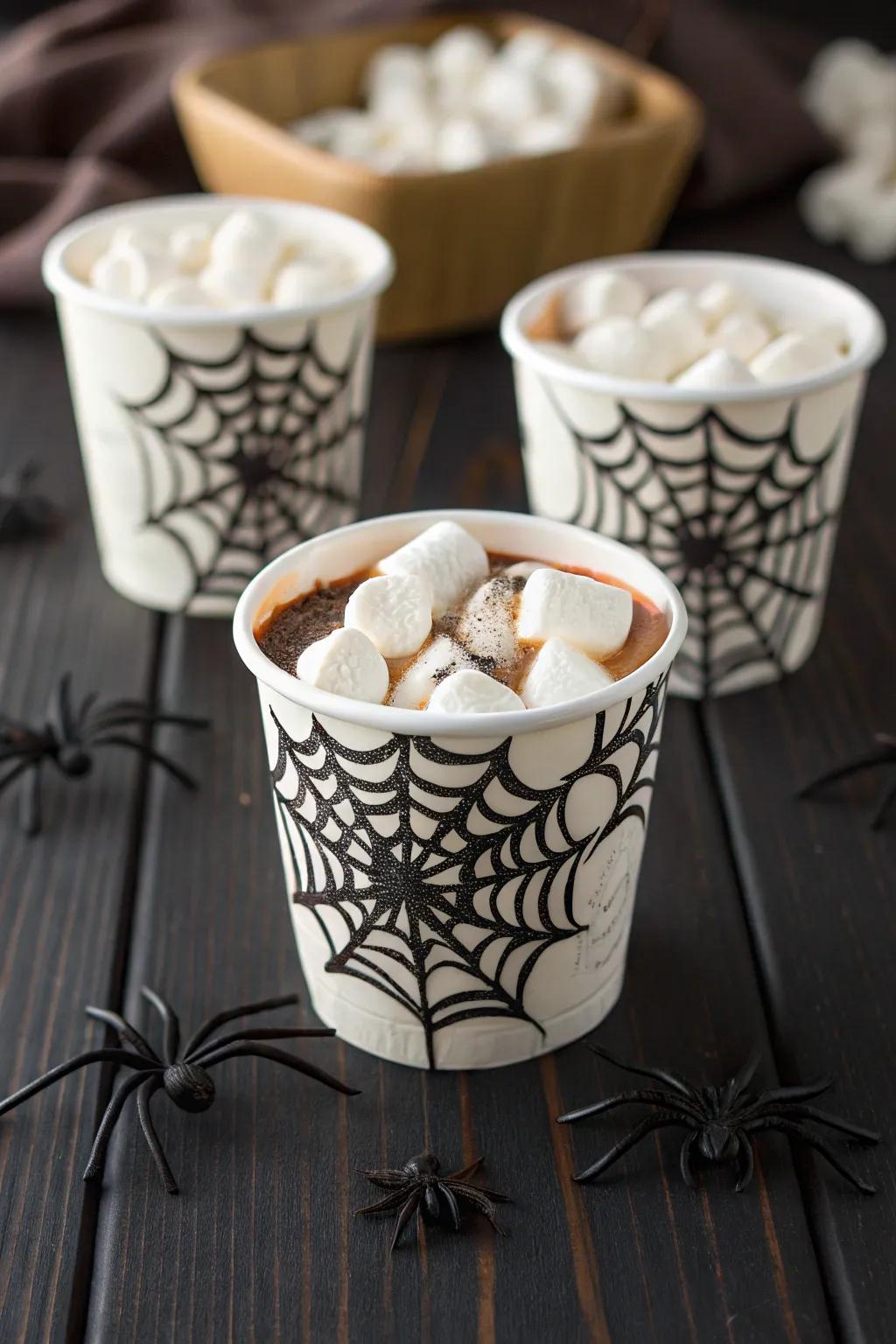 Spooky spider web cups adding a touch of mystery to the celebration.