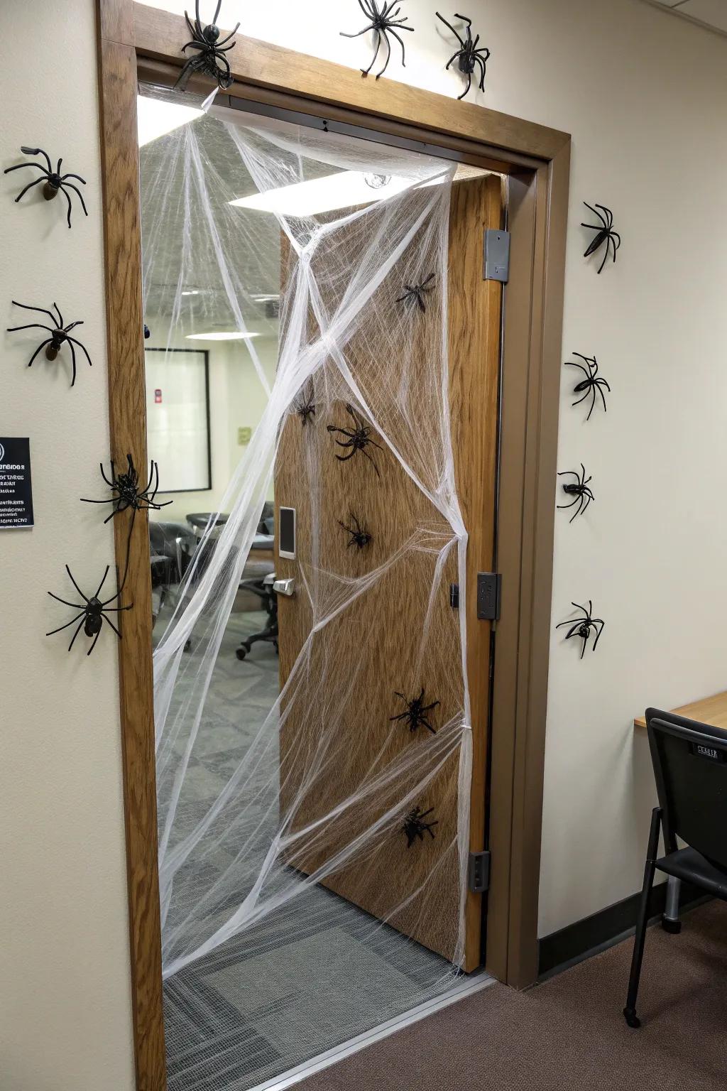 Transform your door into a creepy crawly spectacle with spiders and webs.