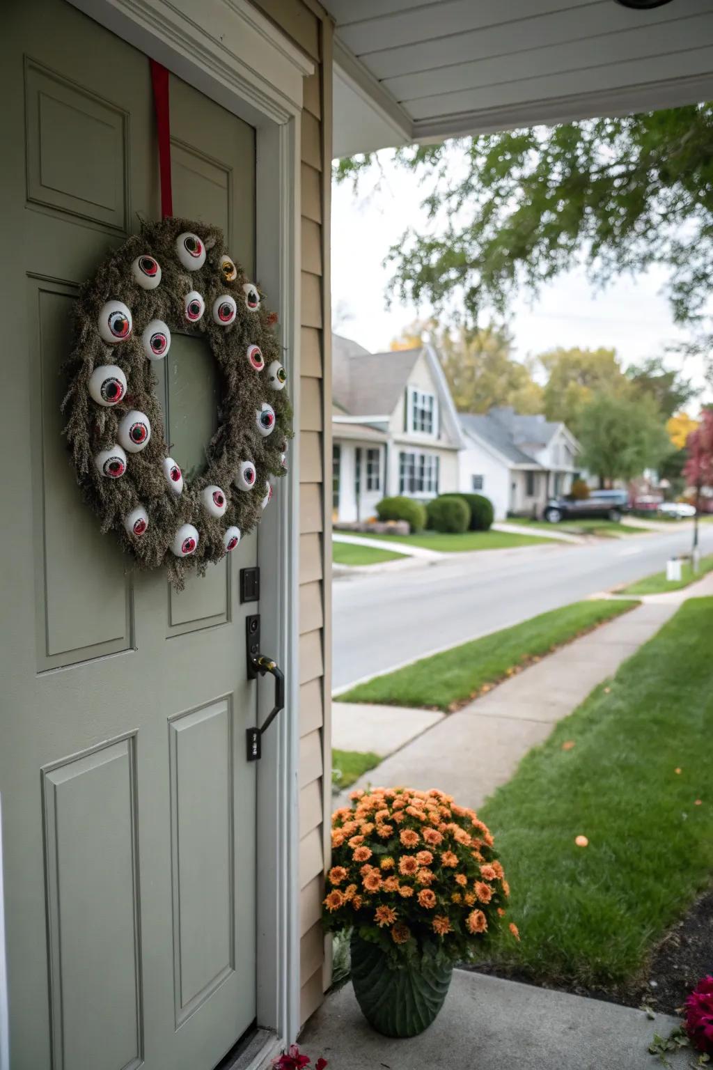 An eyeball wreath is a quirky twist on traditional door decor.