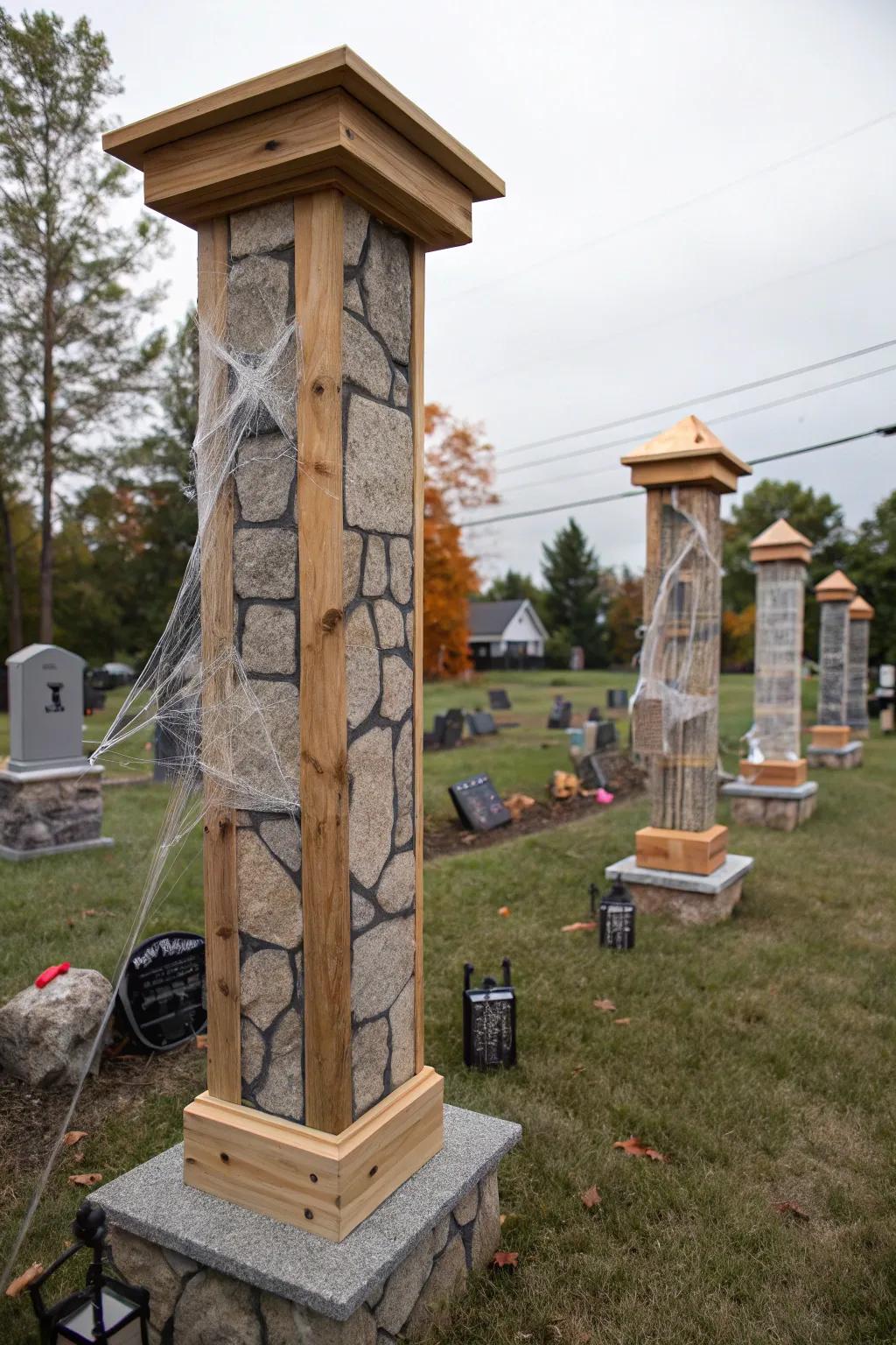 DIY pillars add gothic flair to your graveyard entrance.