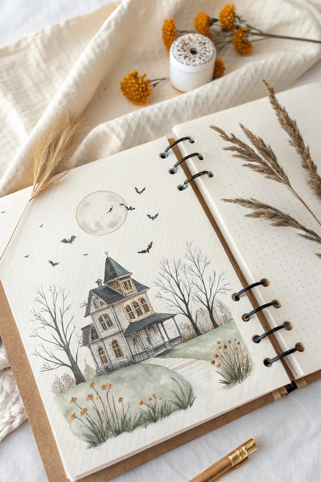 Capture the enchanting allure of haunted house artistry in your Halloween junk journal.