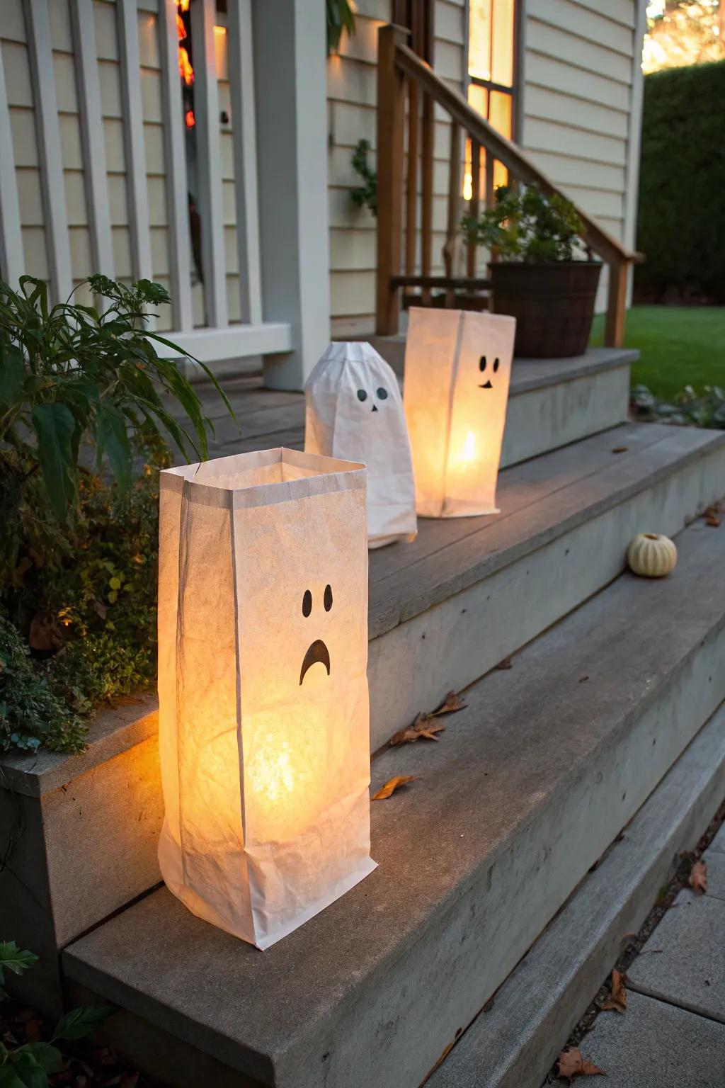 Ghostly lanterns add a warm glow to your Halloween decor.