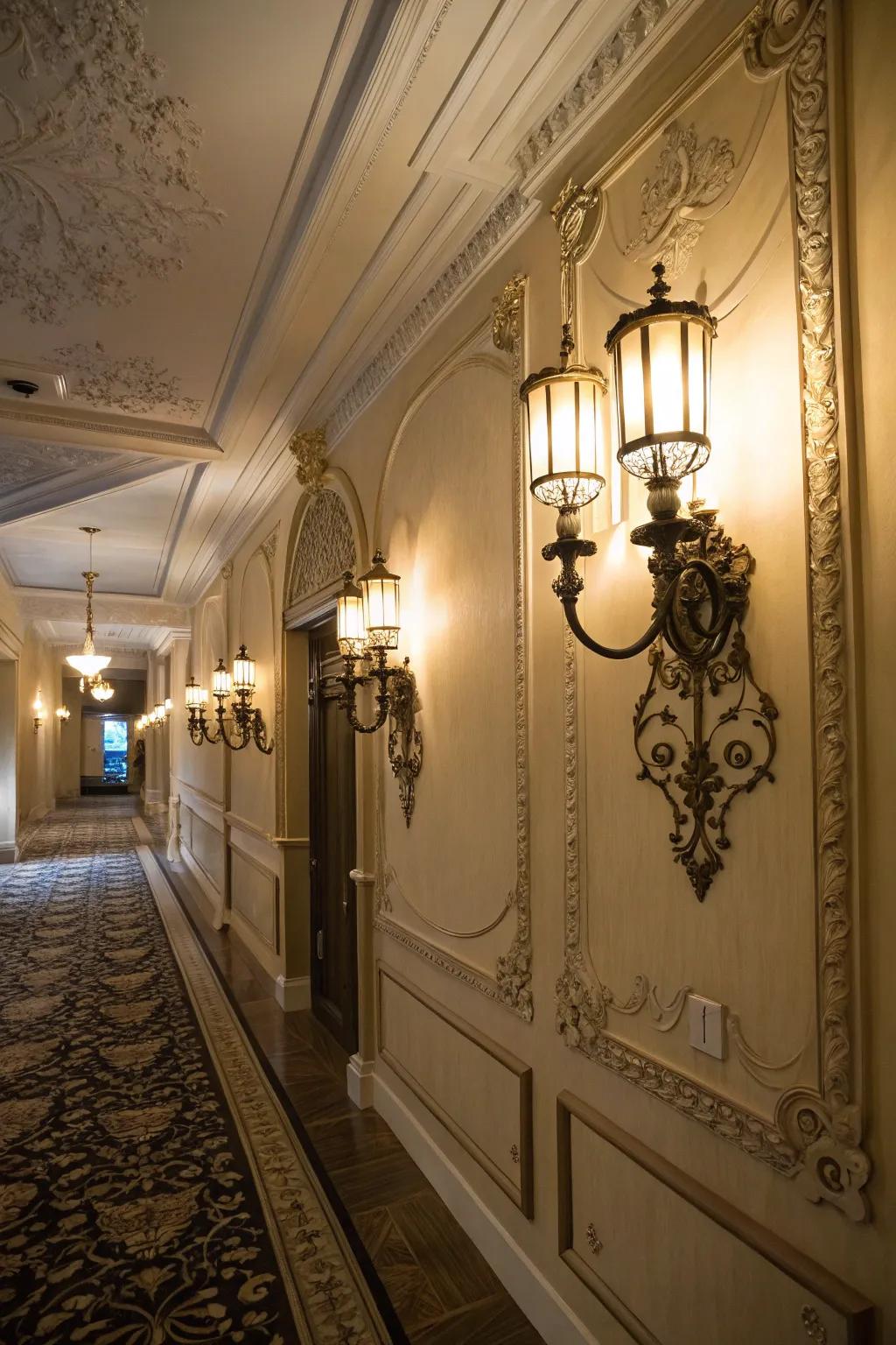 Wall sconces provide ambient lighting, enhancing the hallway's warm atmosphere.