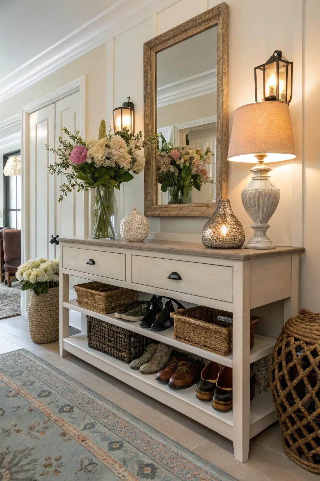 A console table that stores shoes and showcases decor.