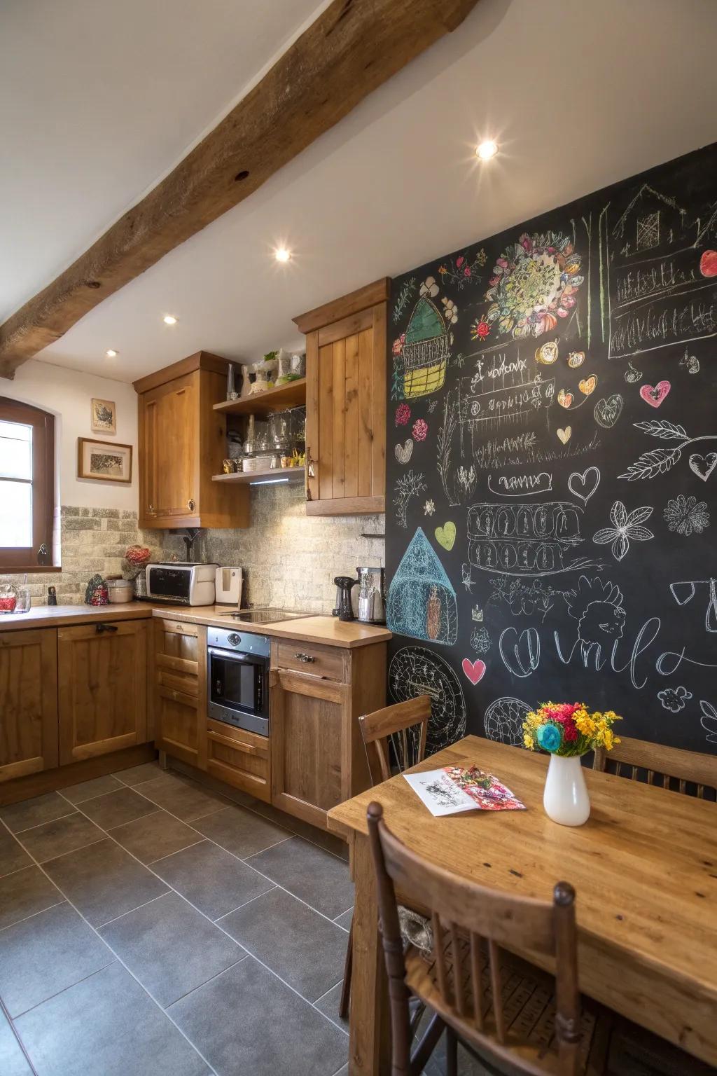 A chalkboard accent wall adds a practical and playful touch to the kitchen.