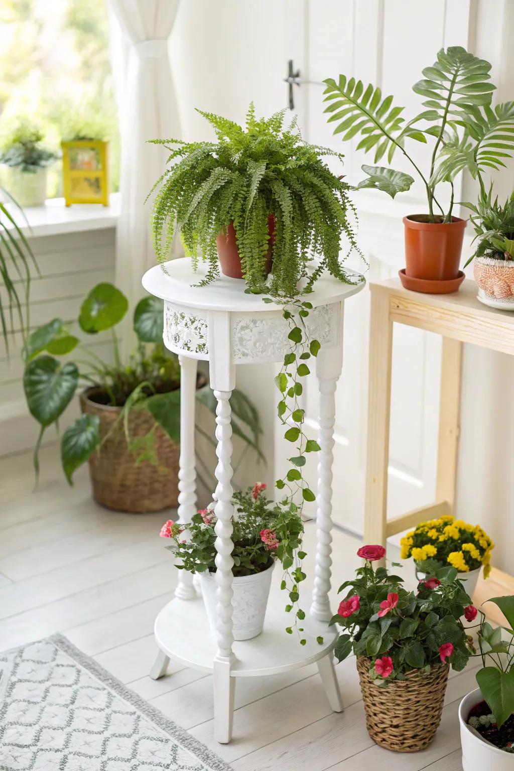 An upcycled plant stand adds charm with a fresh coat of white paint.