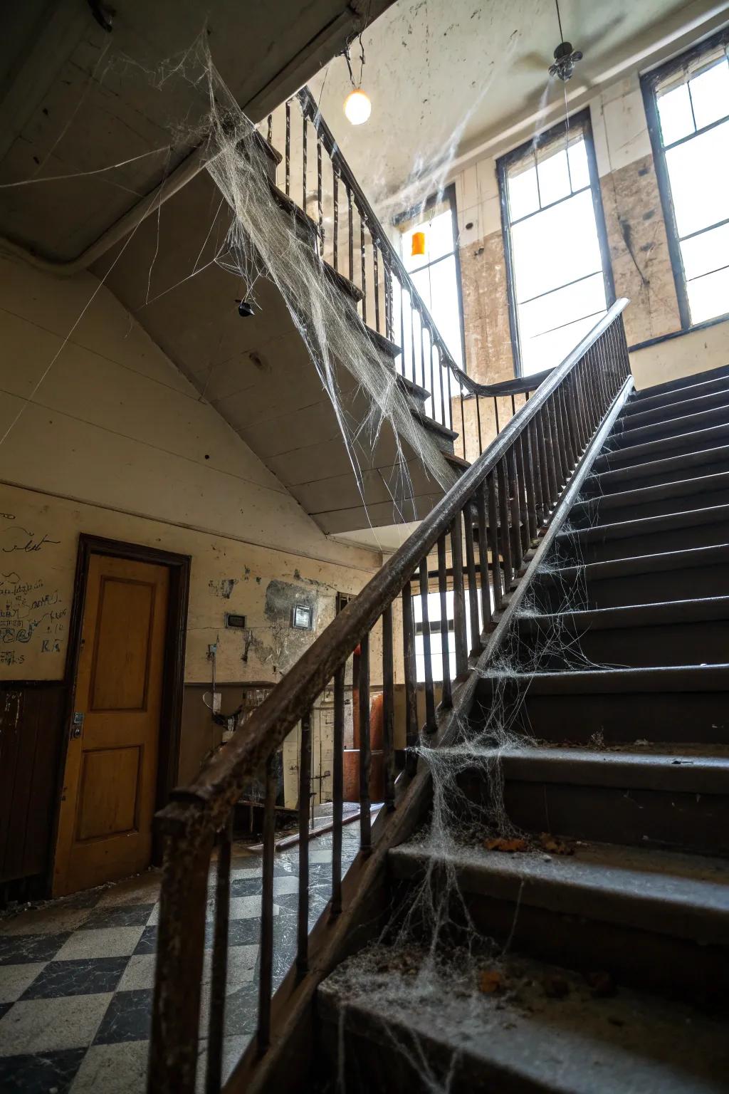 A spooky staircase adorned with cobwebs and creepy crawlies.