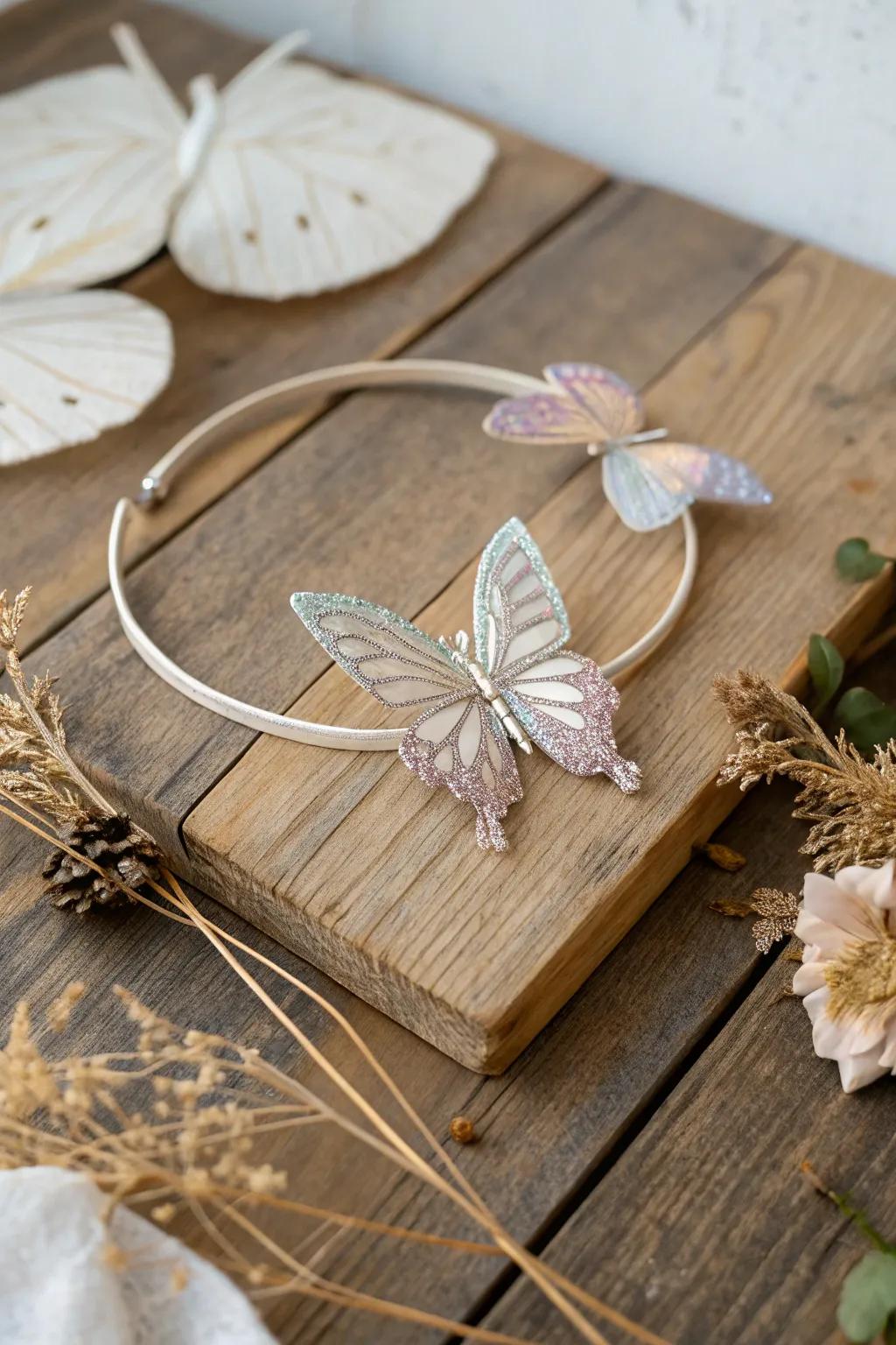 Elevate your style with this exquisite butterfly headband, where nature meets artistry in the shimmer of metallic wings.