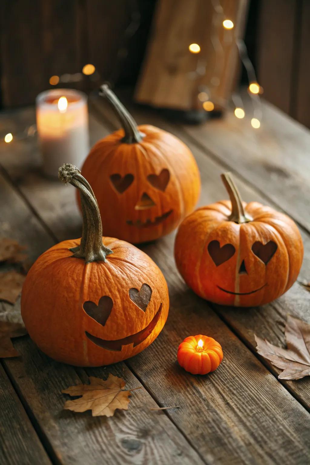 Trio of Mini Heart Eyes Pumpkins on a Rustic Table