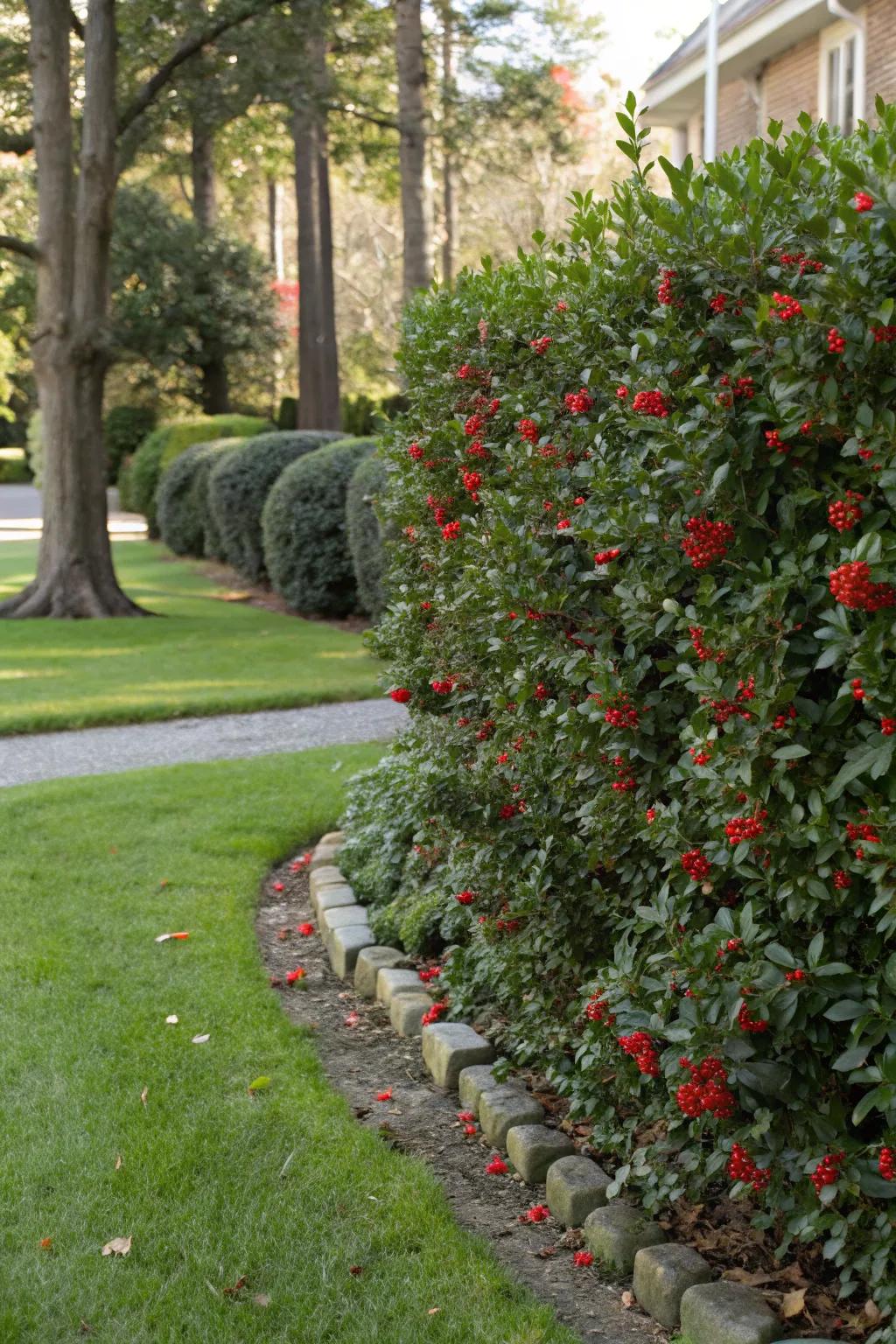 American holly hedges with vibrant red berries adding color to the landscape.