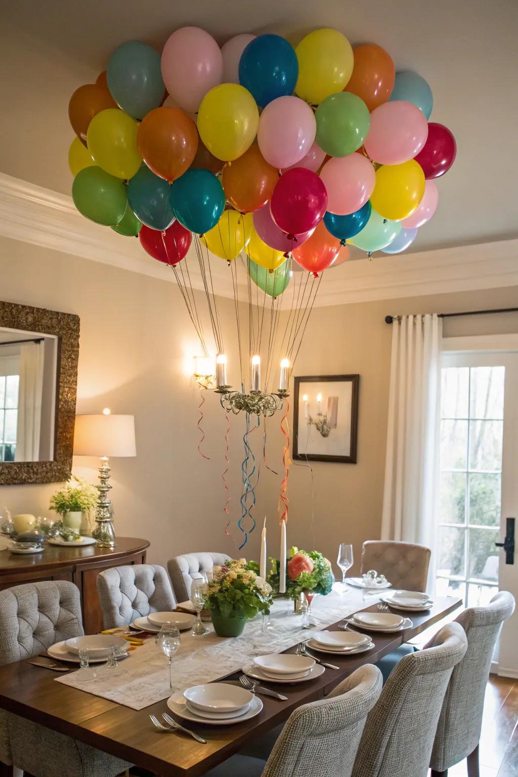 A unique helium balloon chandelier for a festive dining experience.