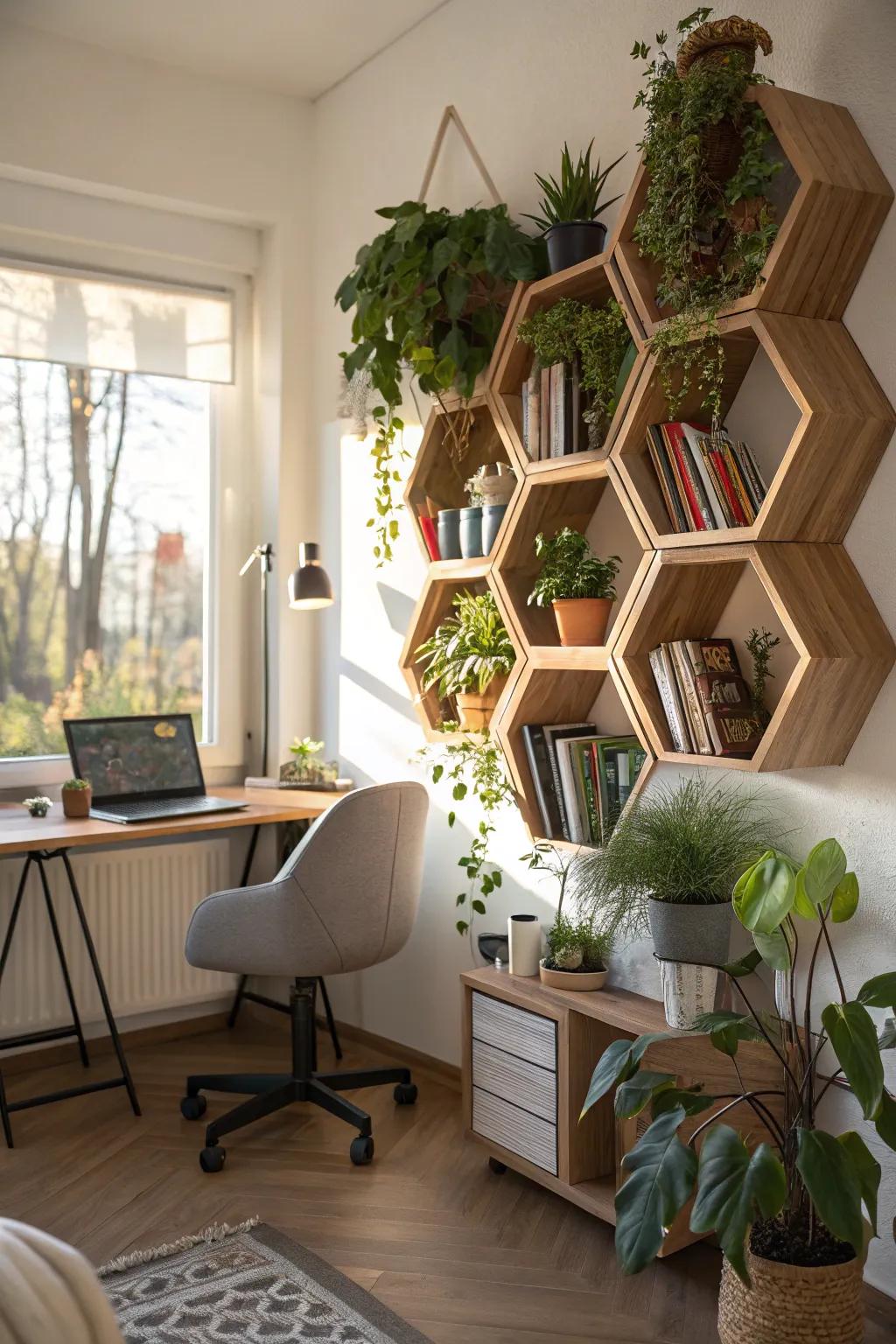 Hexagon shelves offer stylish storage solutions.