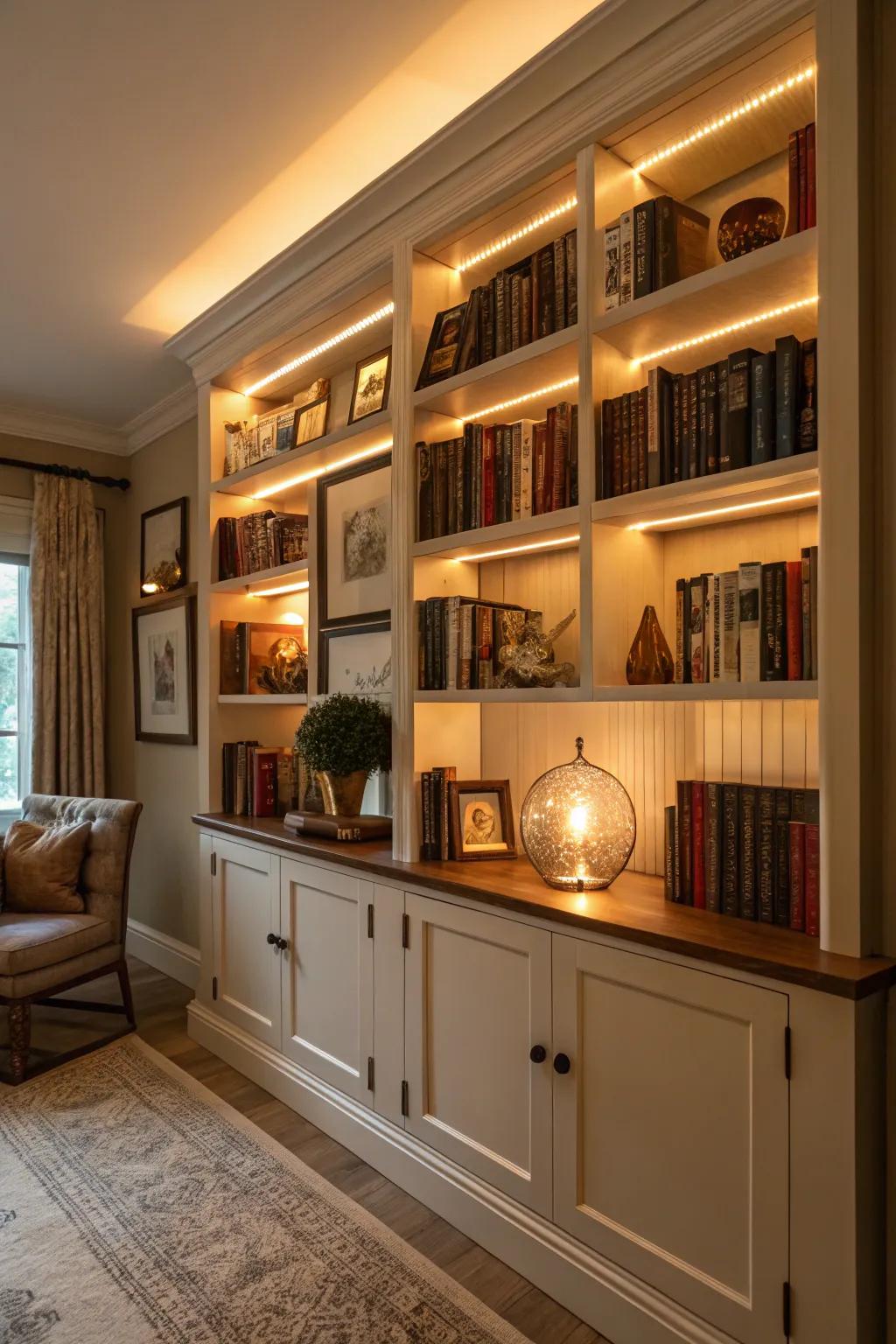 A home library with bookshelves featuring hidden lighting.