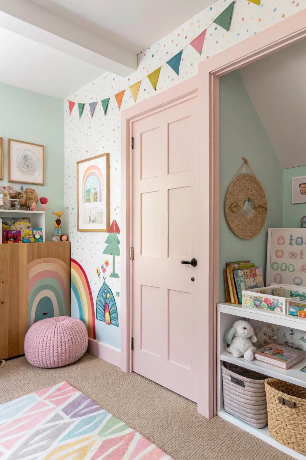 A pastel-colored hidden pocket door adds a playful touch to a child's room.