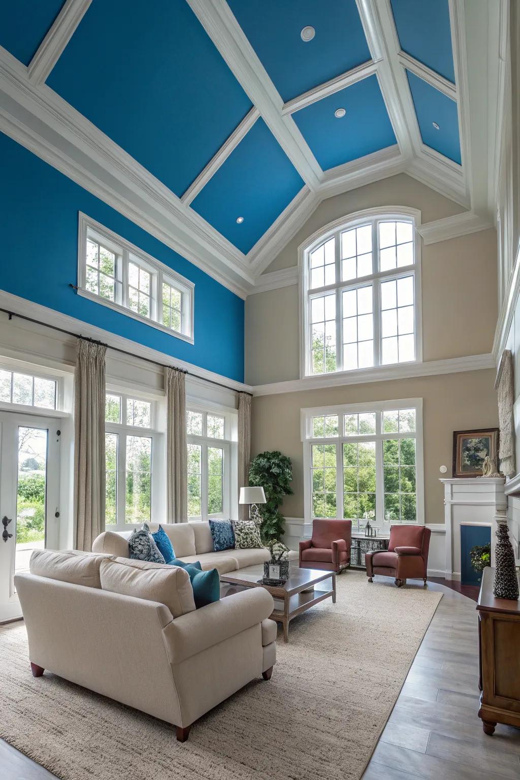 A bold ceiling color adds depth and interest to high-ceilinged living rooms.