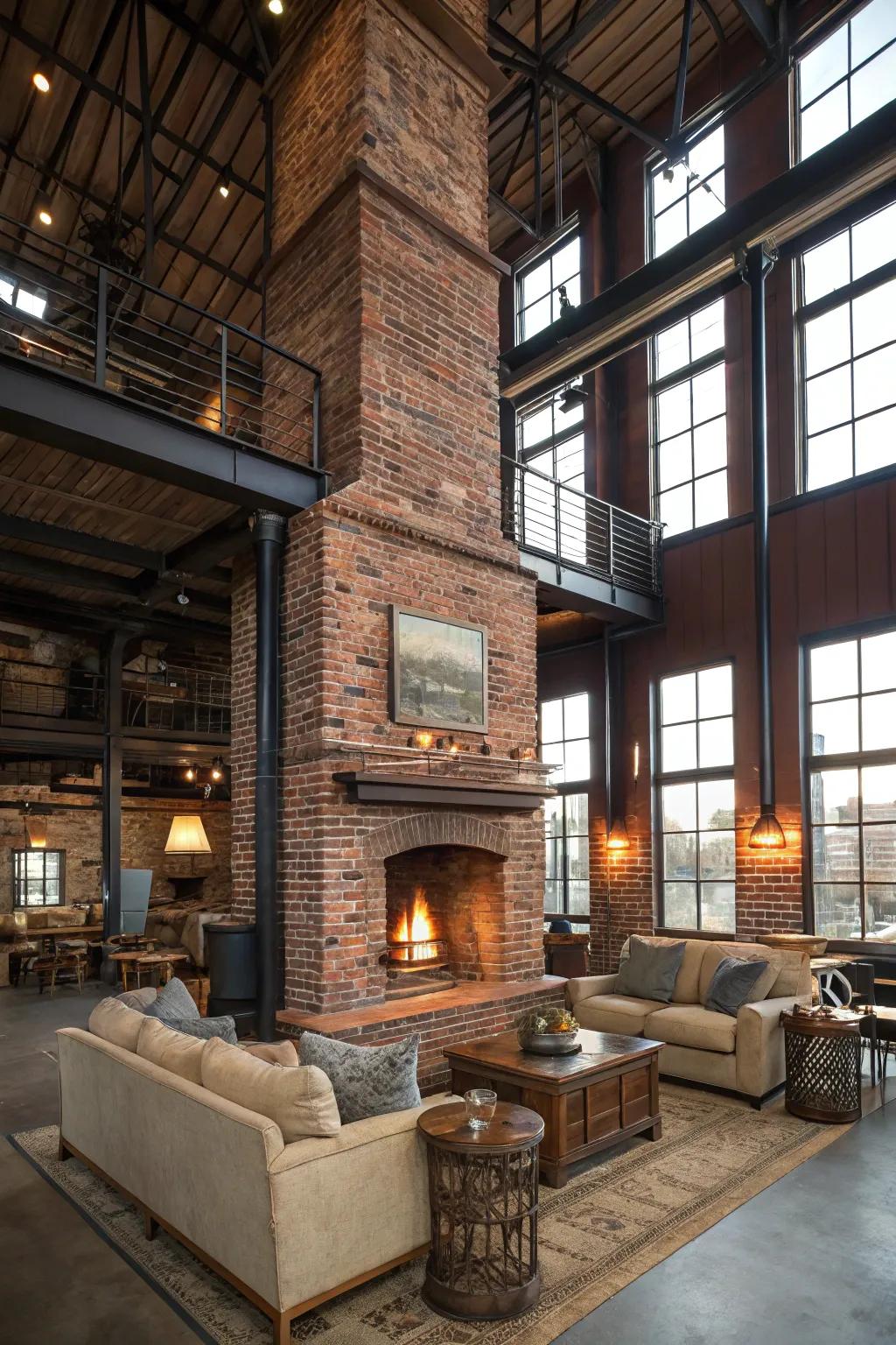 An exposed brick fireplace adding industrial charm to a high-ceiling room.