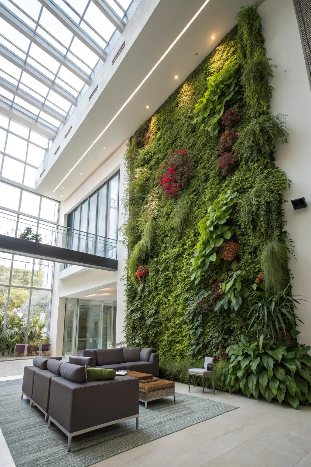 Vertical gardens add lush greenery and texture to tall spaces.