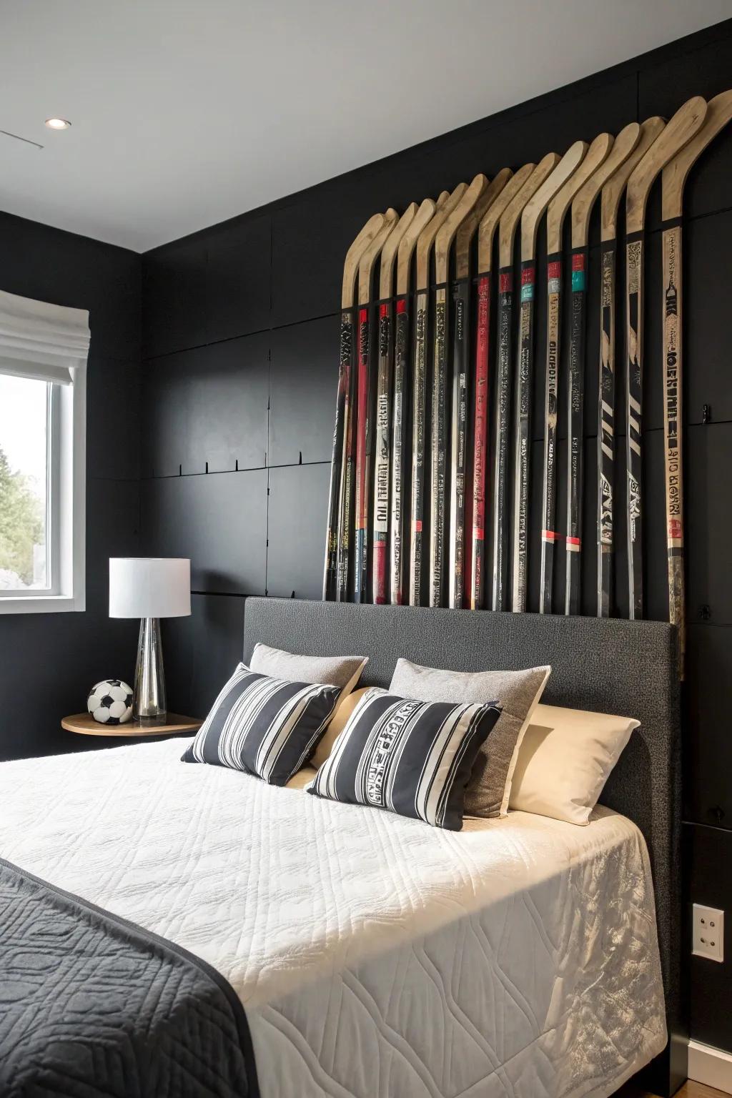 Elevate your bedroom with this striking hockey stick headboard—where sport meets style.