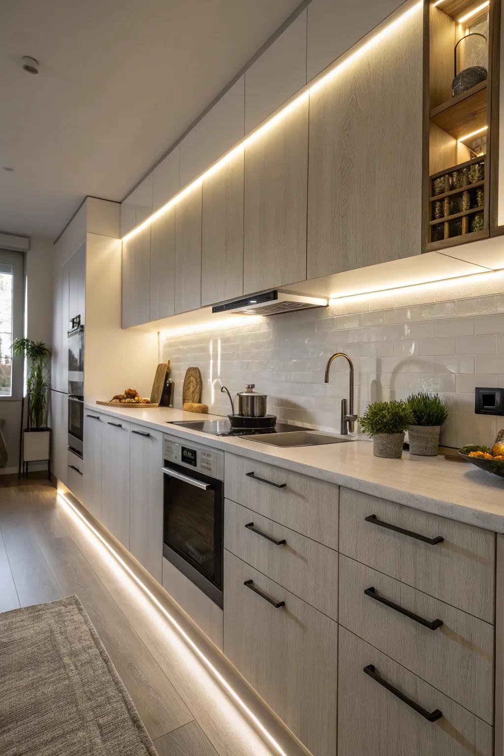 A modern kitchen with sleek under-cabinet lighting.