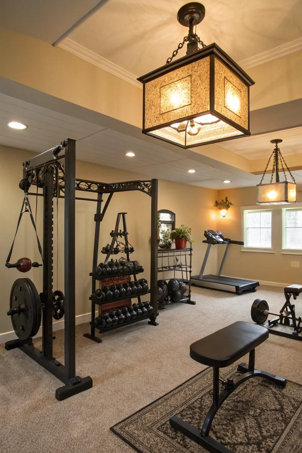 Layered lighting creates a dynamic workout environment.