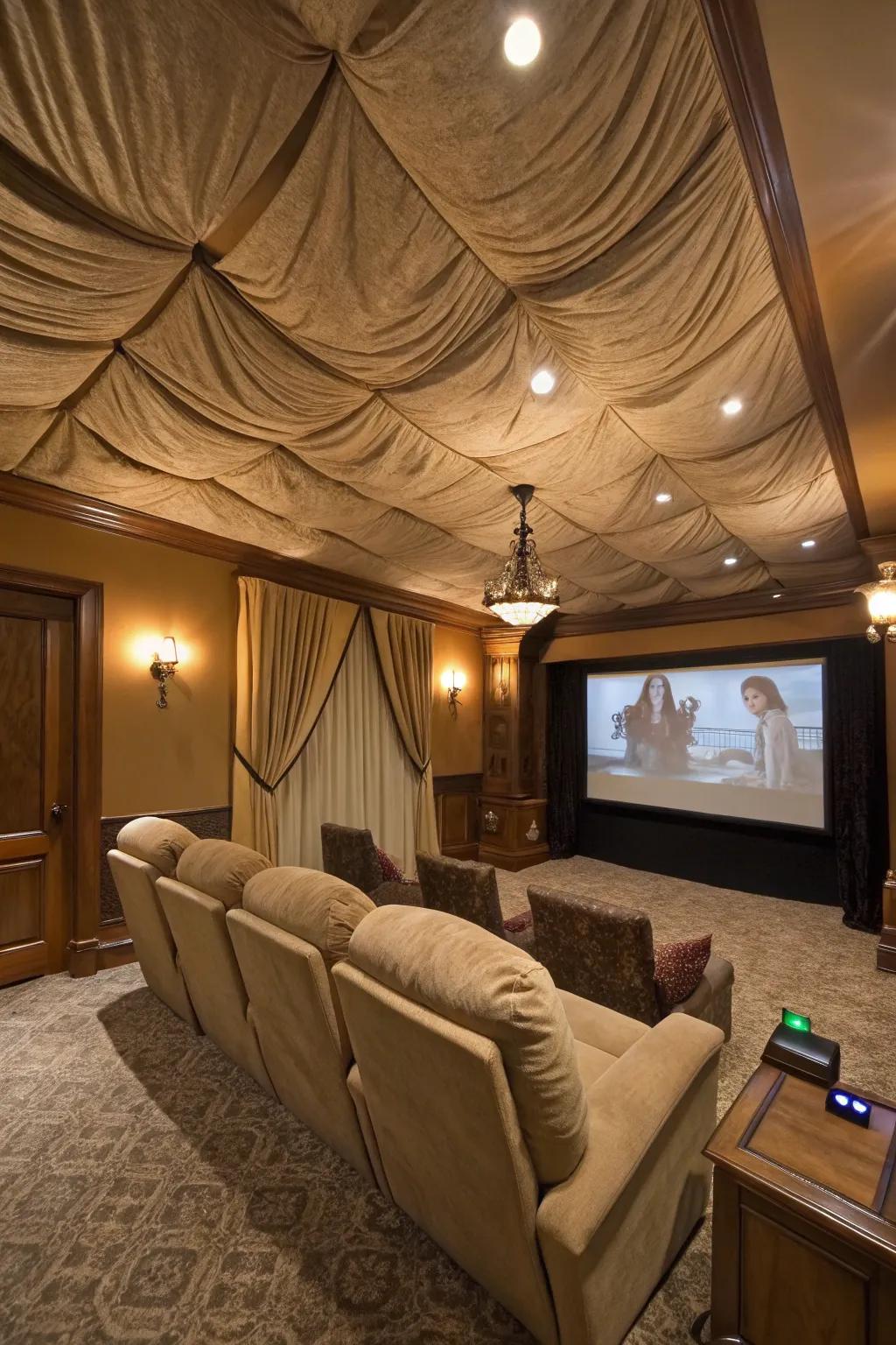 Fabric draping creates a cozy and inviting theater space.