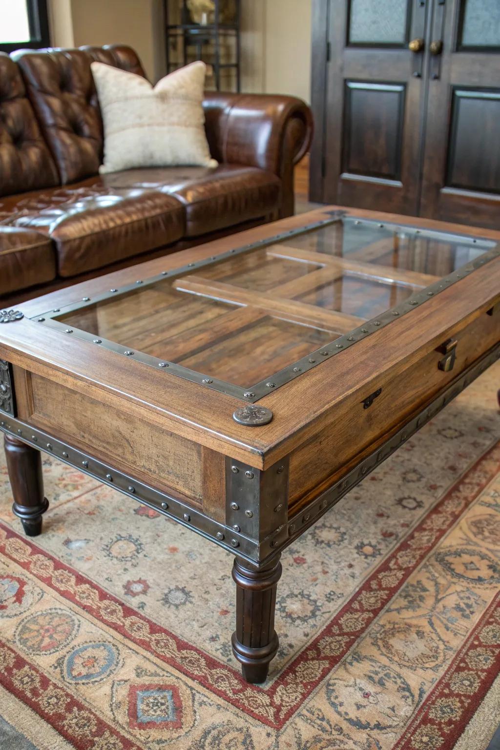 Transform history into style with this repurposed door coffee table. A perfect blend of rustic charm and modern elegance.