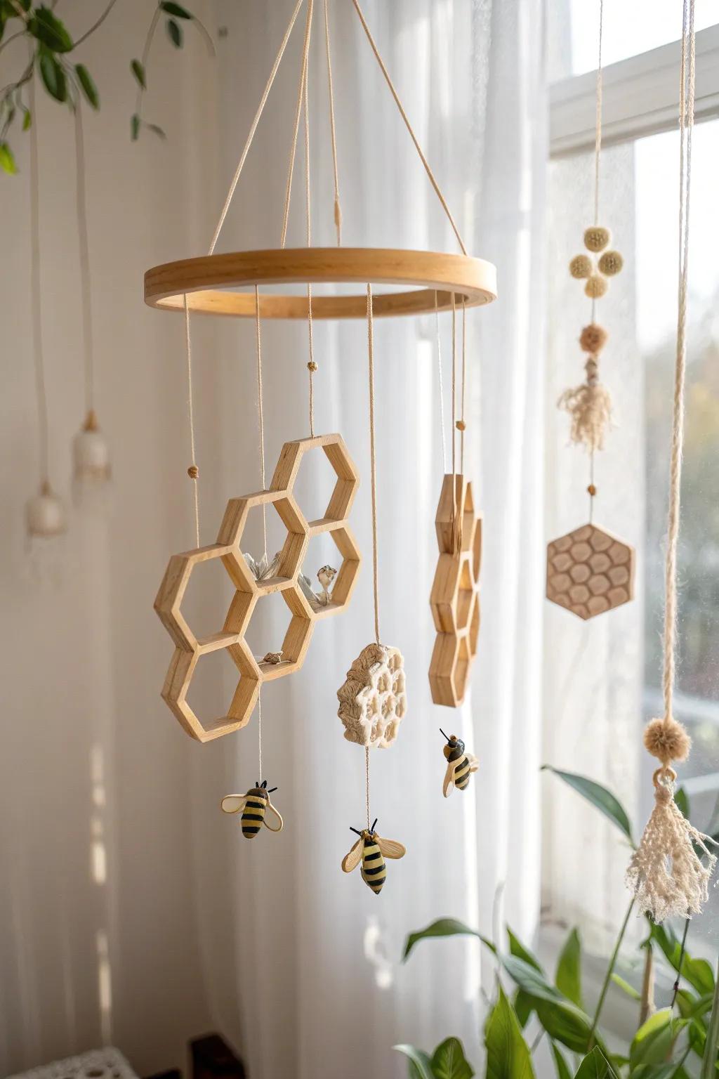 Add a touch of whimsy and nature to your space with this enchanting bee and honeycomb mobile.
