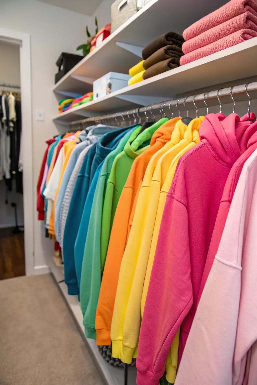 Hanging garment organizers keep your hoodies neat and sorted by color.