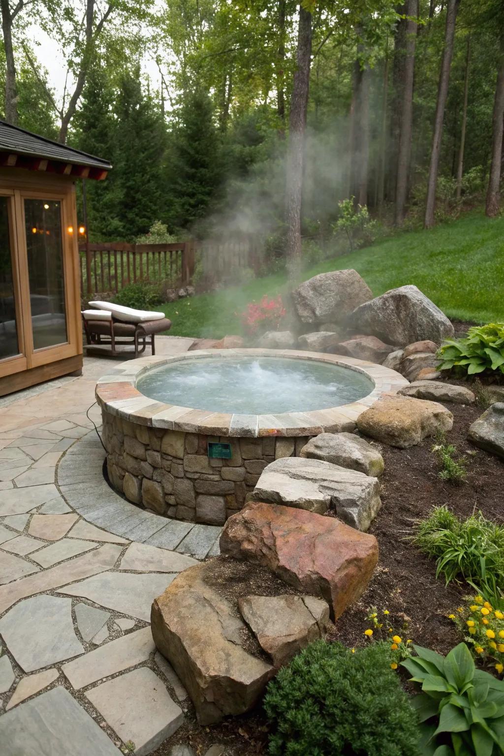 Natural stone elements enhance the organic feel of a hot tub setup.