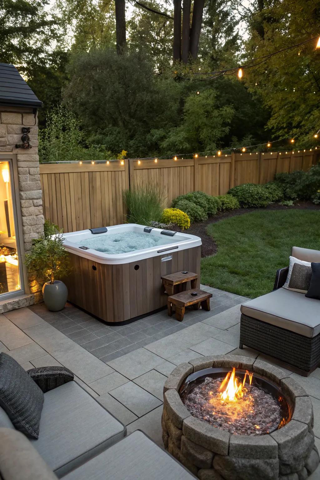 Combine fire and water for a cozy and inviting hot tub experience.