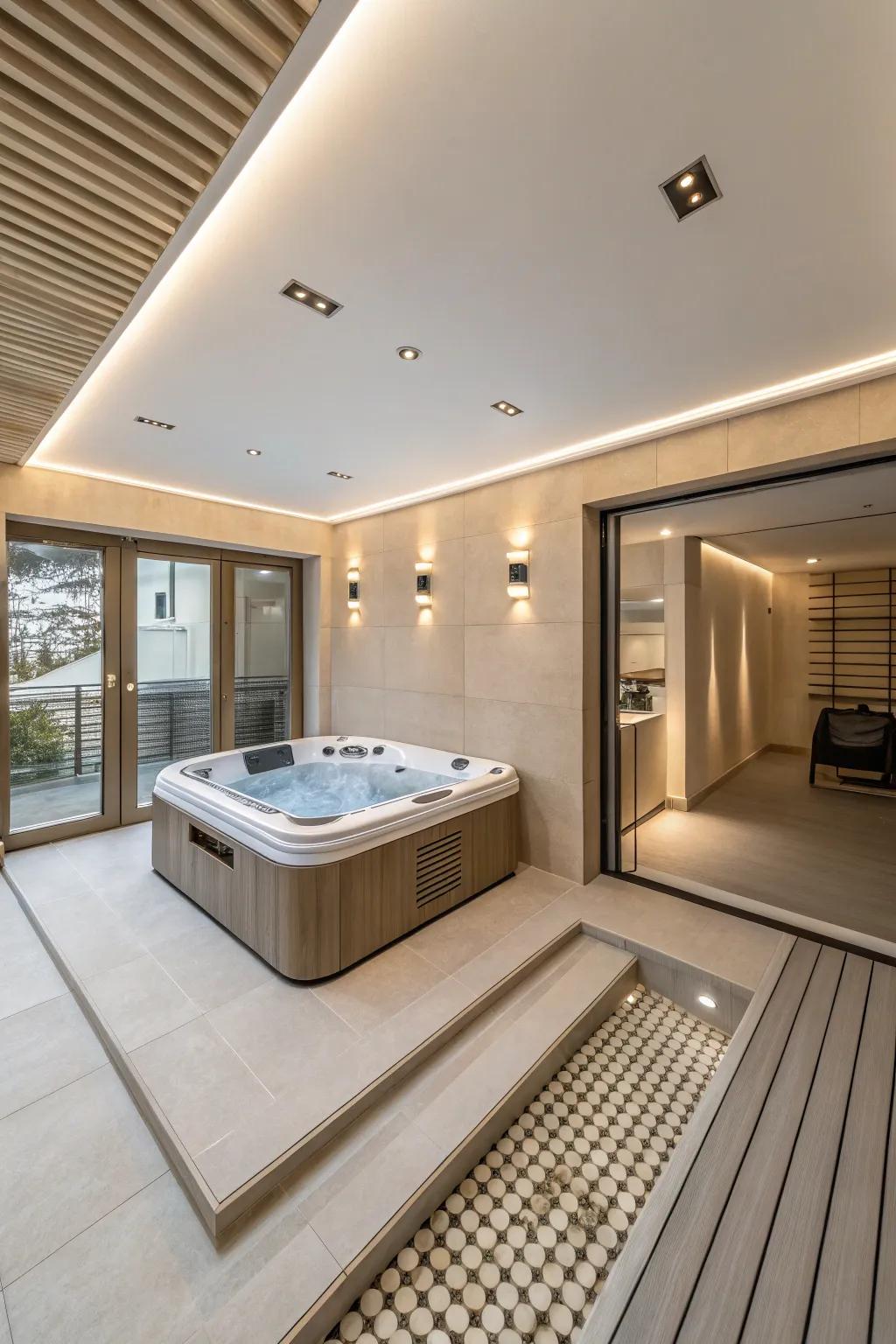 A modern minimalist hot tub room that showcases simplicity and elegance.